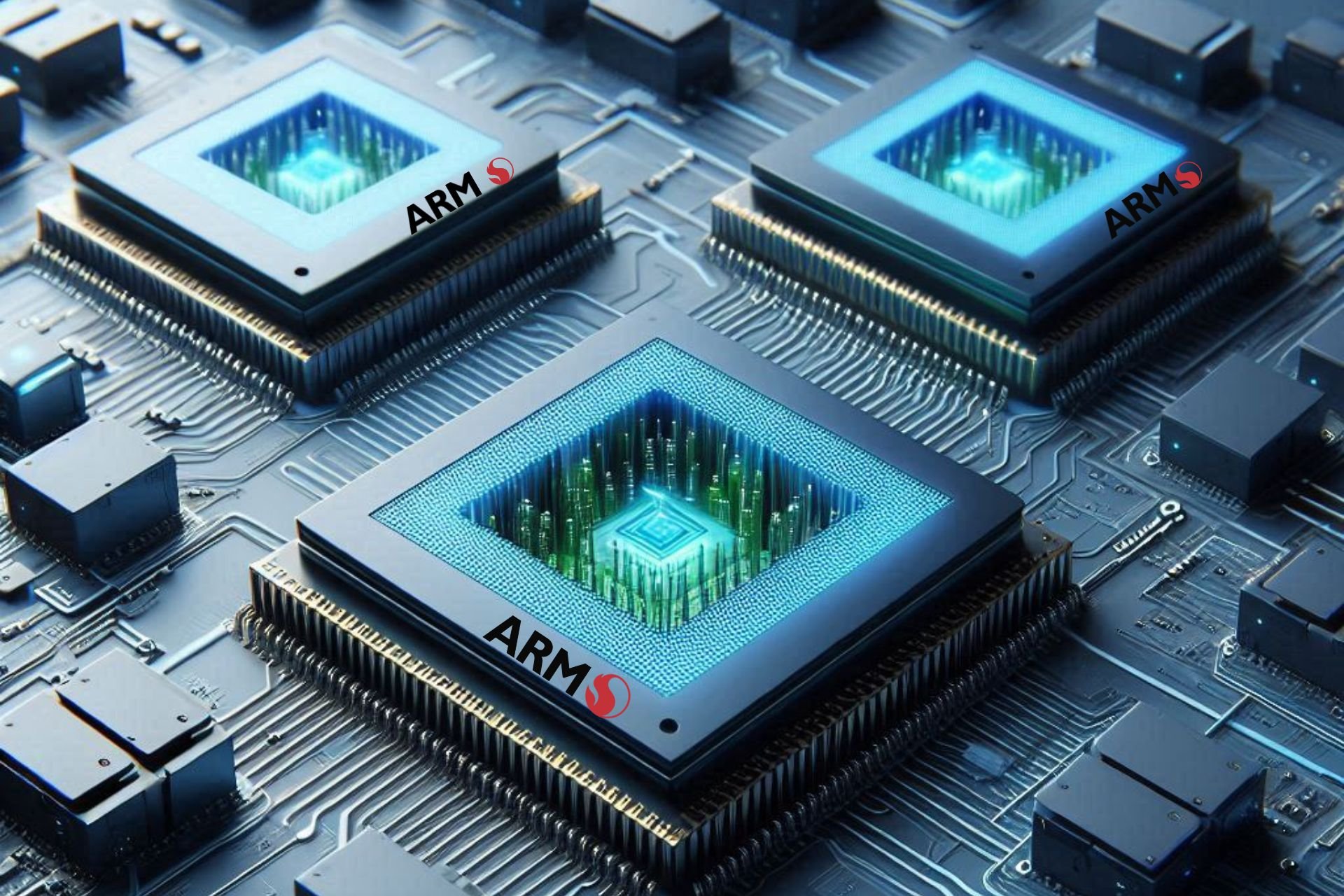 An AI generated image of ARM-based processors featuring the logo of the company