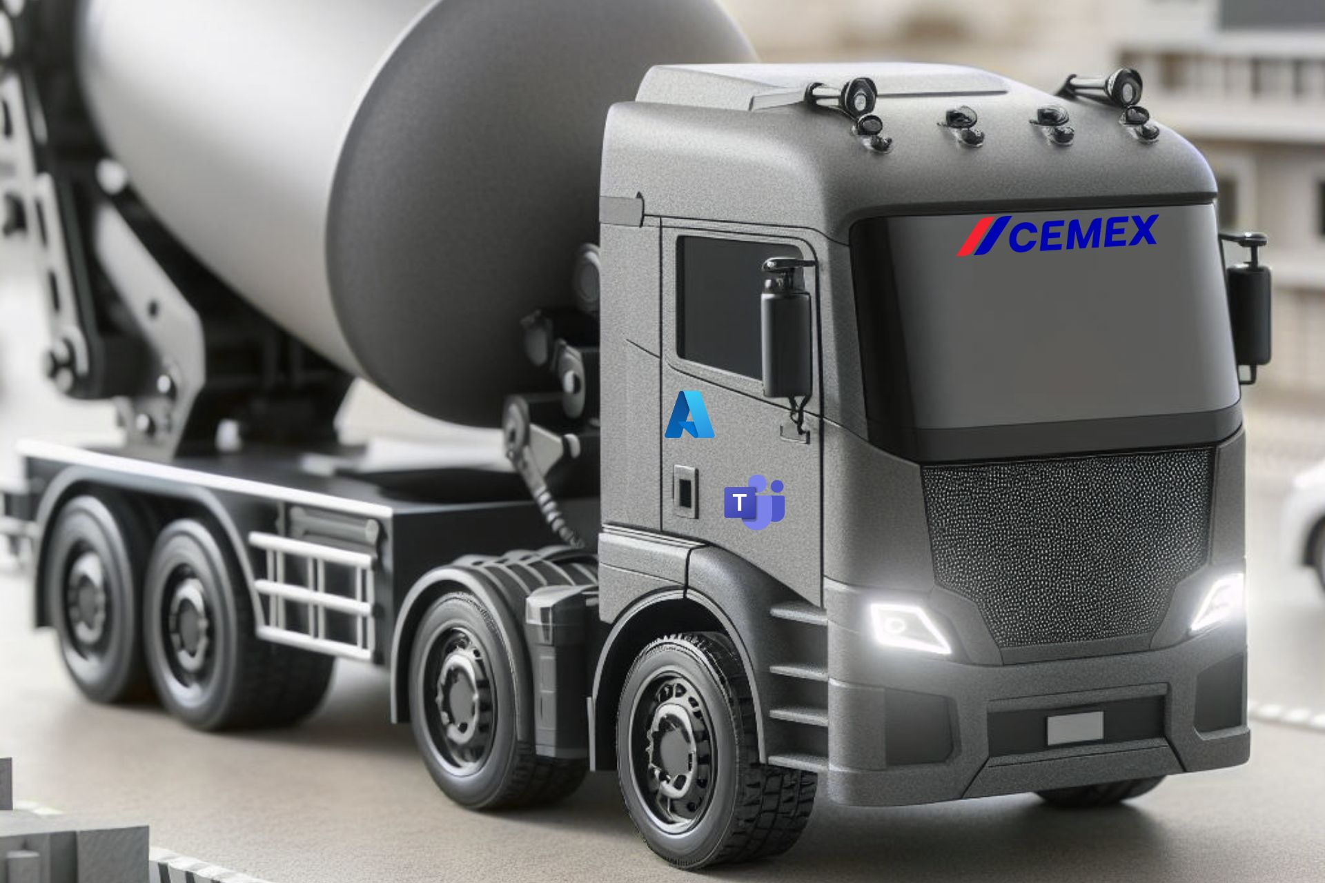 An AI generated truck featuring the logos of Azure OpenAI, Microsoft Teams, and Cemex