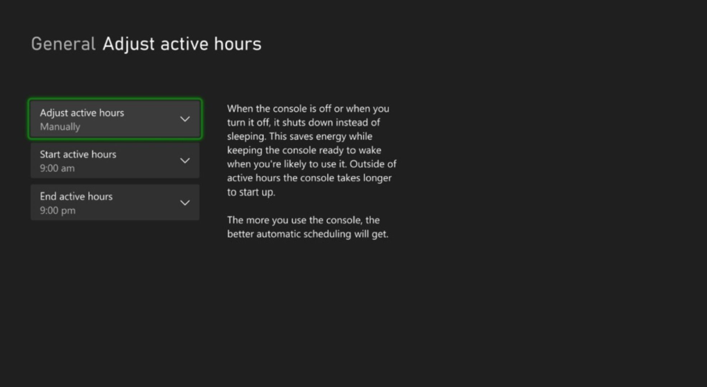 Xbox new energy settings 'Active hours"