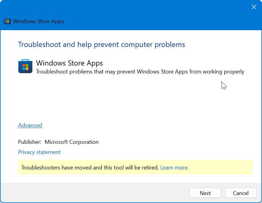 windows store apps troubleshooter