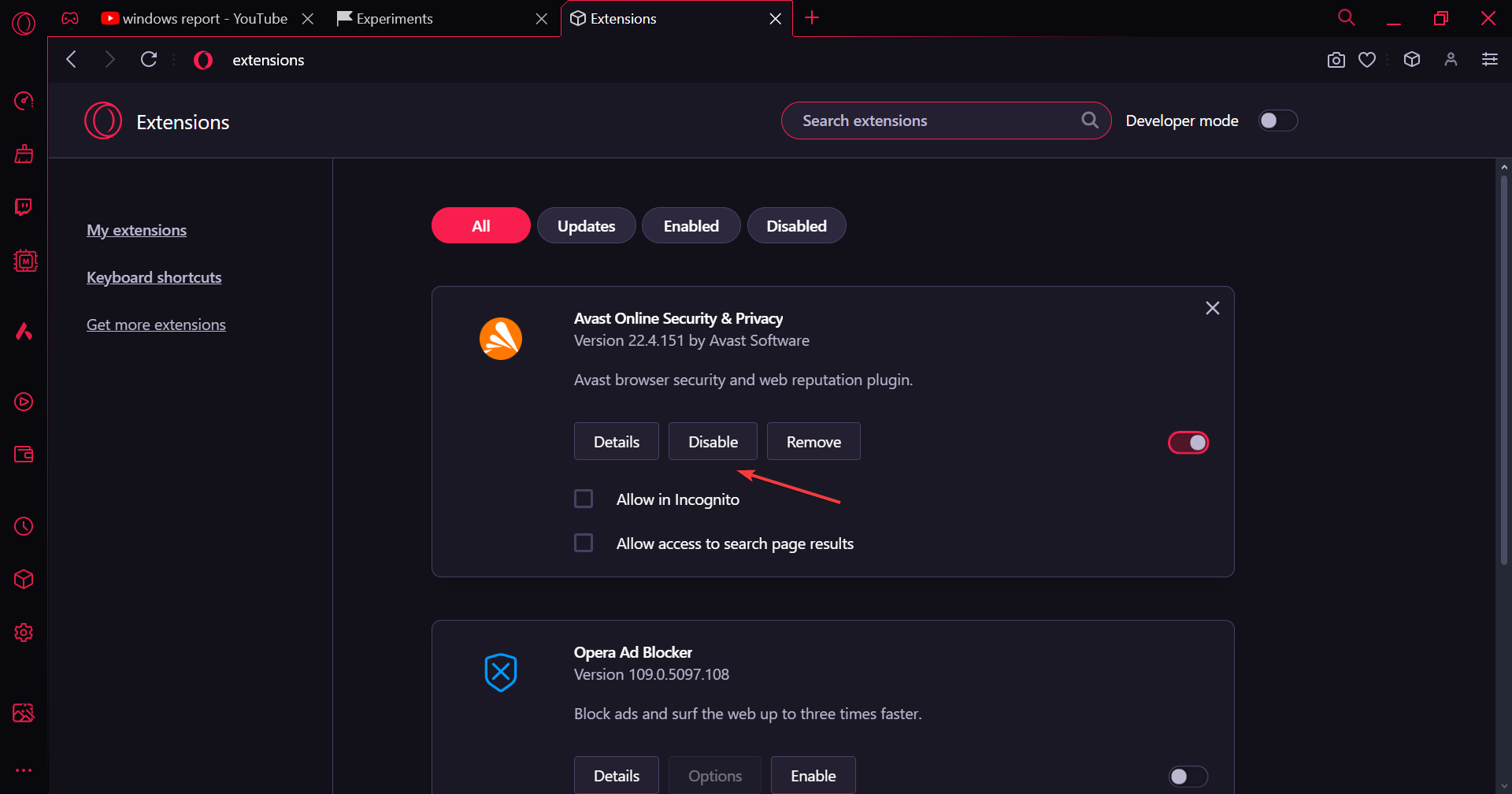Disable extension to fix opera gx youtube black screen