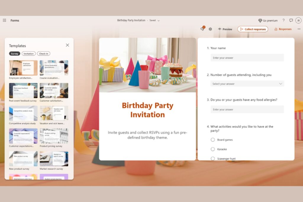 Microsoft Forms birthday invitation template cover page layout