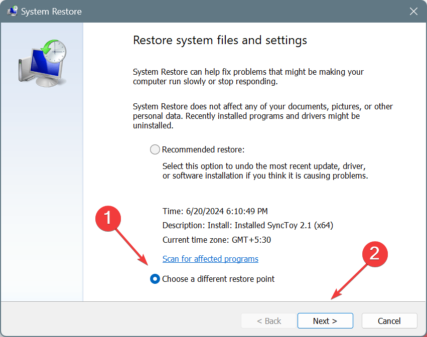 choose a different restore point