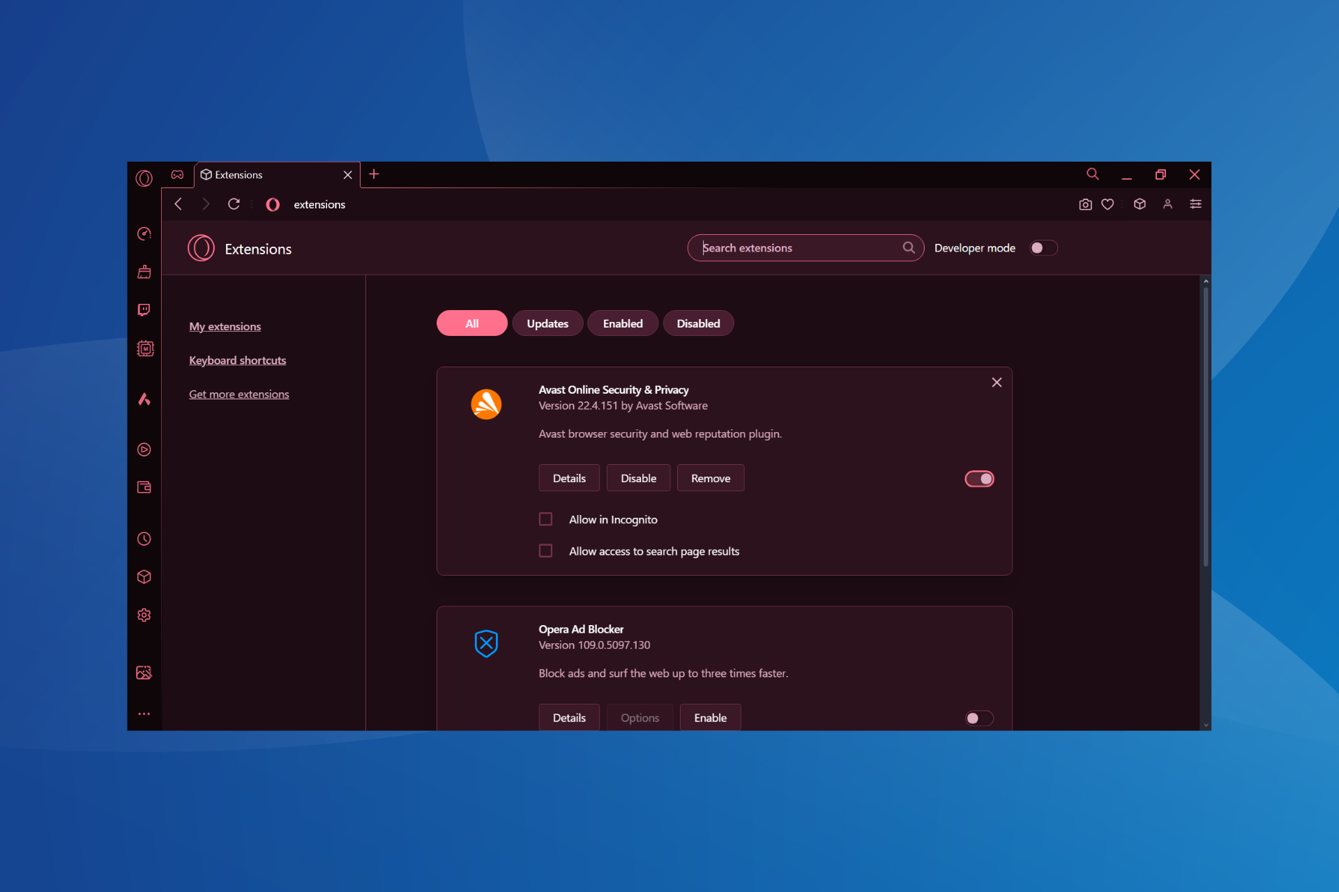 how to manage extensions on Opera GX