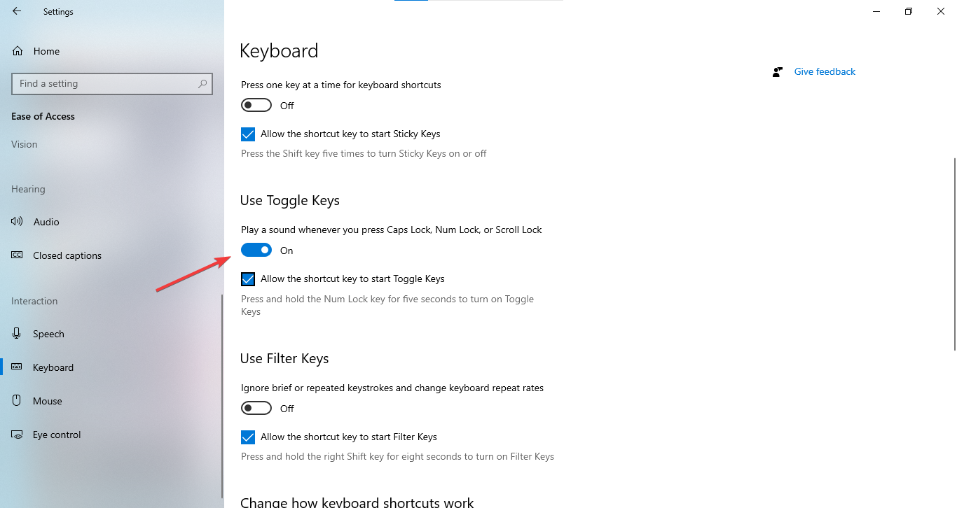 enable toggle keys for caps lock display on screen windows 10