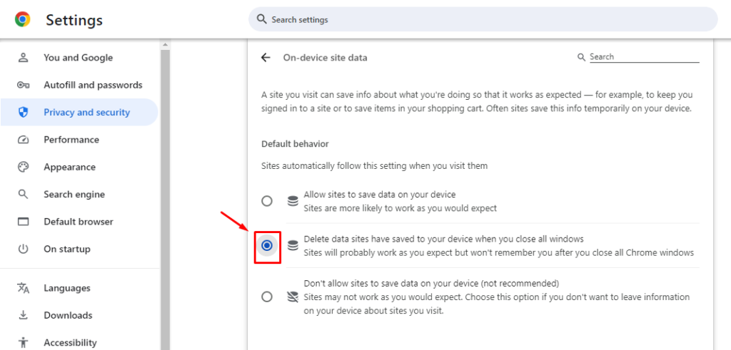 Delete data sites have saved to your device when you close all windows