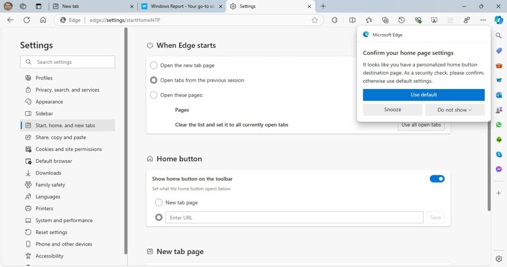 Edge confirm your home page settings notification is a security check after all