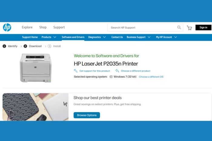 Download and install the HP LaserJet P2035n Driver for Windows 7