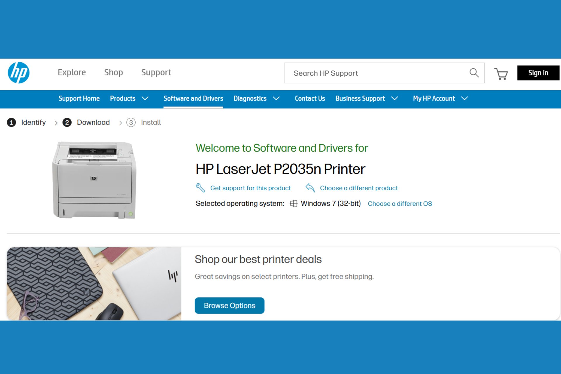Download and install the HP LaserJet P2035n Driver for Windows 7