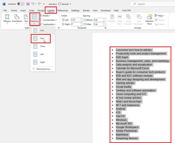 microsoft word how to two columns