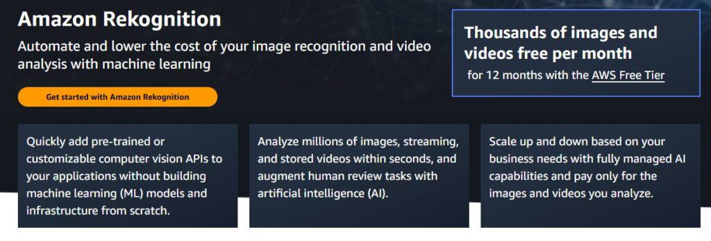 Amazon Rekognition landing page