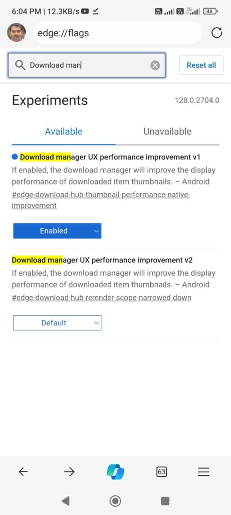 Microsoft Edge for Android Download Manager UX performance improvement v1 and v2 flags