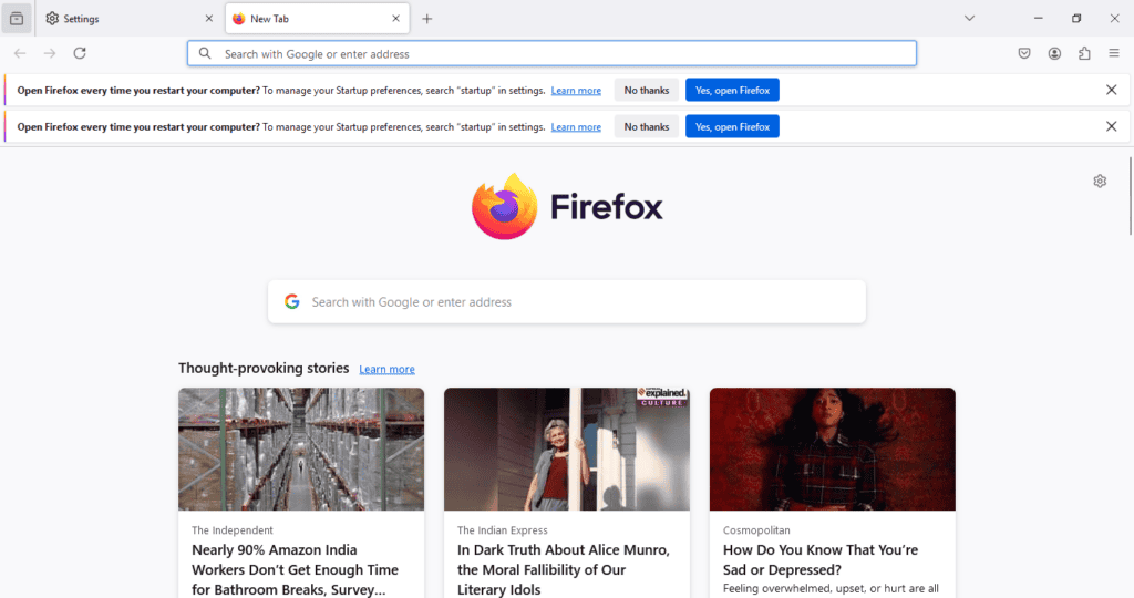 Notification prompts user to set Firefox to open on every computer restart