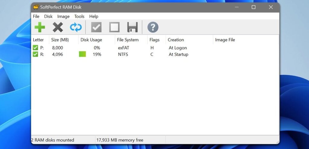 softperfect RAM Disk window