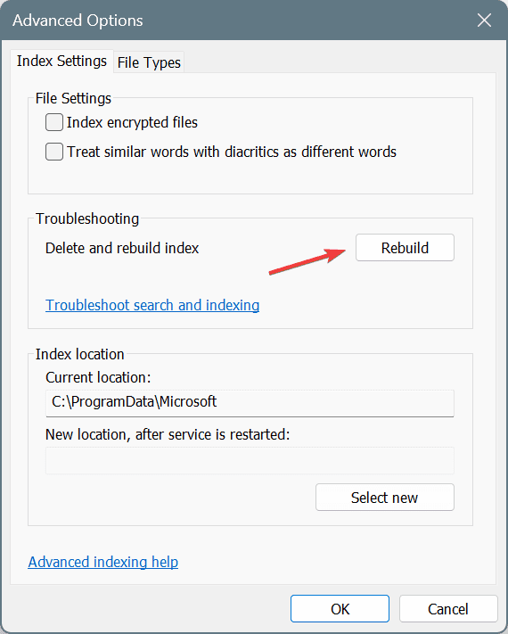 rebuild index to fix SearchFilterHost.exe