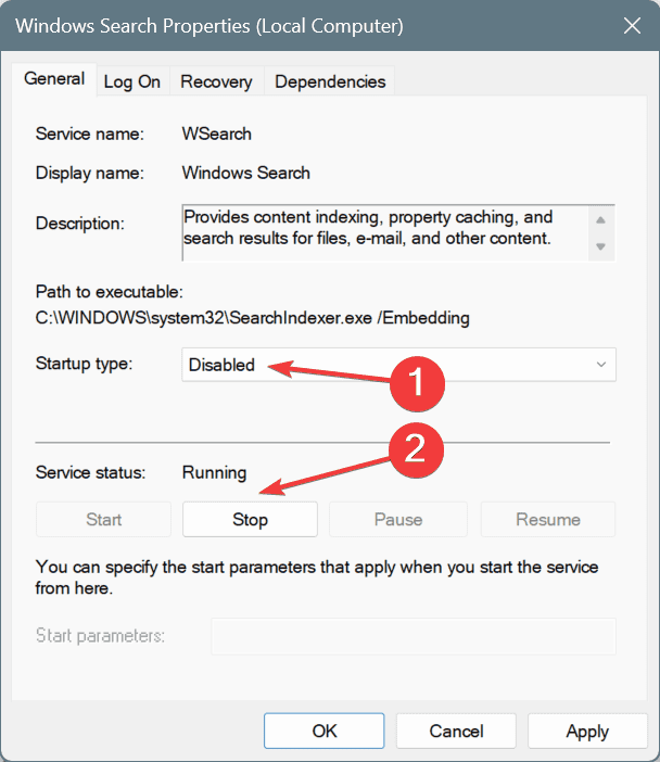 disable service to fix SearchFilterHost.exe