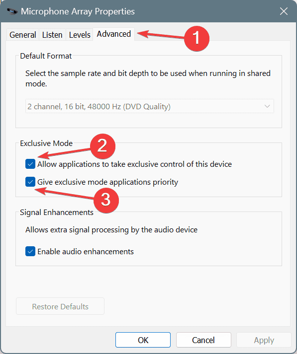 exclusive mode, best microphone settings for windows 11