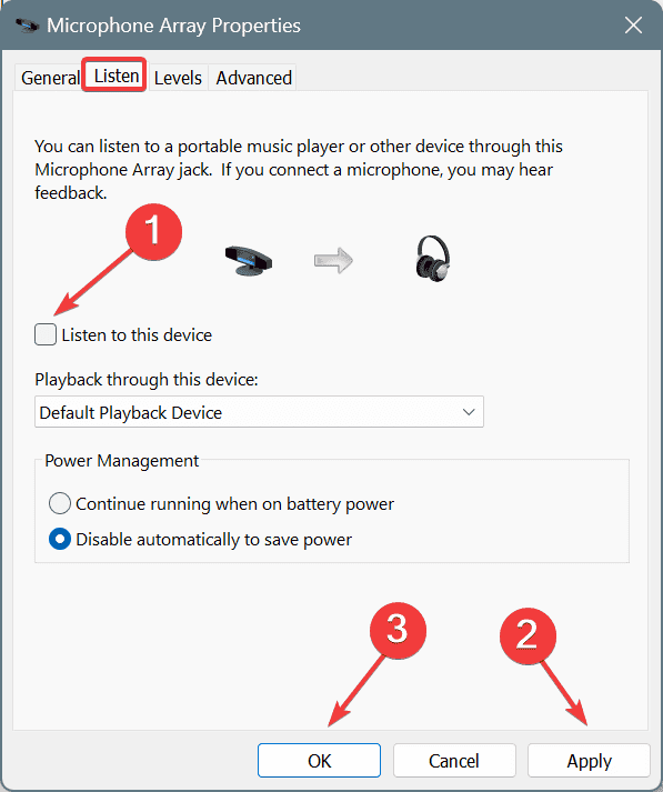 disable listen to this device to fix host process for windows services using microphone