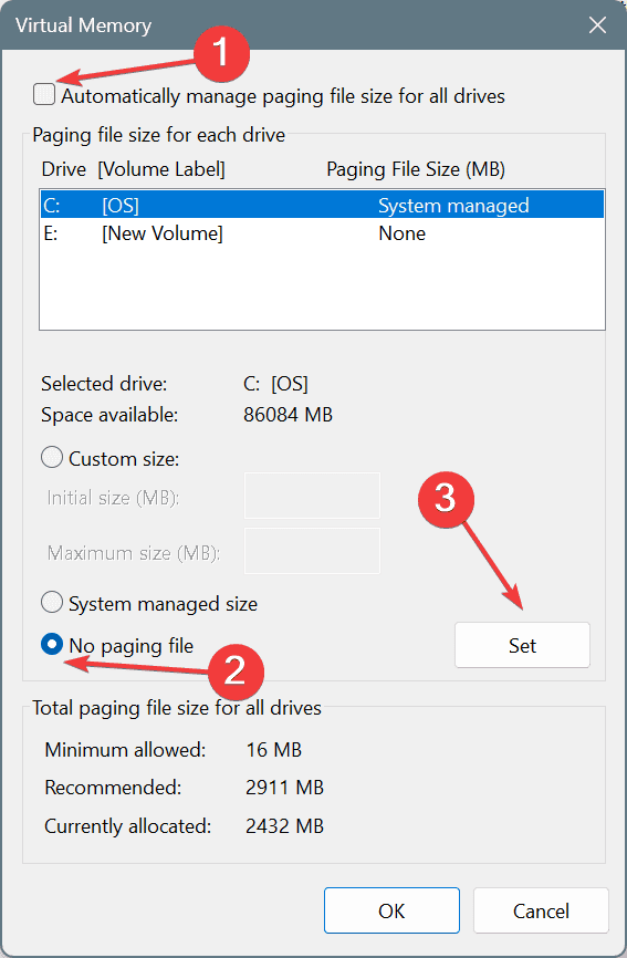 remove paging file