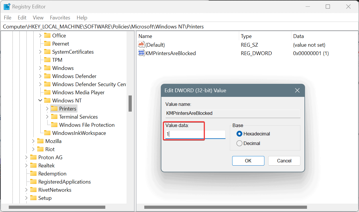 KMPrintersAreBlocked DWORD to fix ERROR_KM_DRIVER_BLOCKED