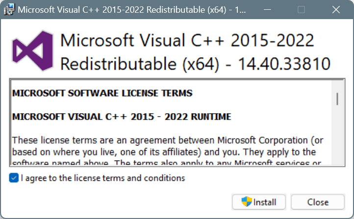 install Microsoft Visual C++ Redistributable