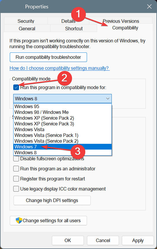 compatibility mode to fix mfc120u.dll missing