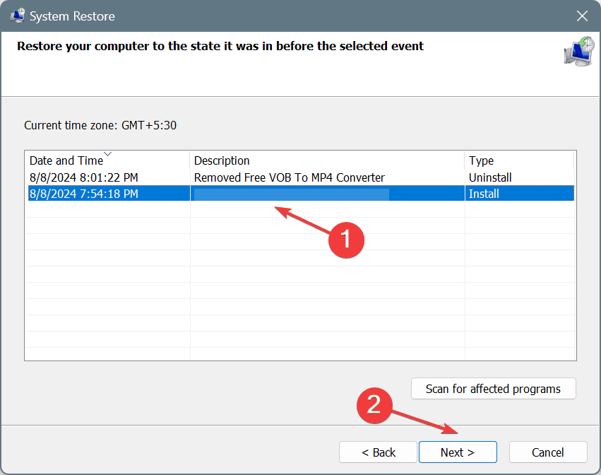 choose restore point