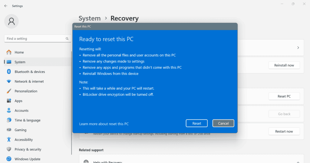 resetting Windows