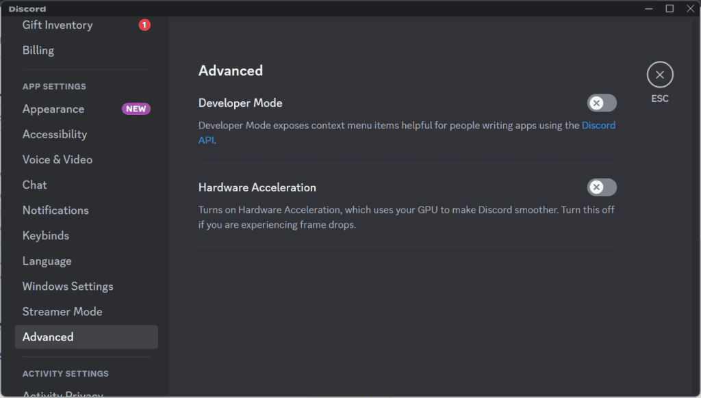 turn off hardware acceleration discord