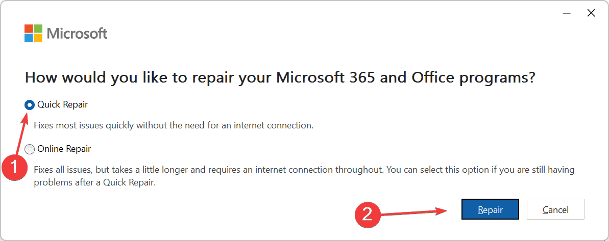 quick repair to fix excel error refresh recommended