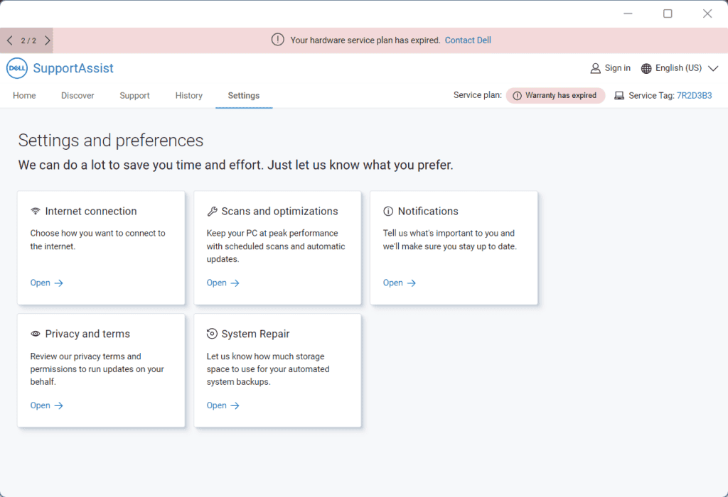 settings in dell supportassist