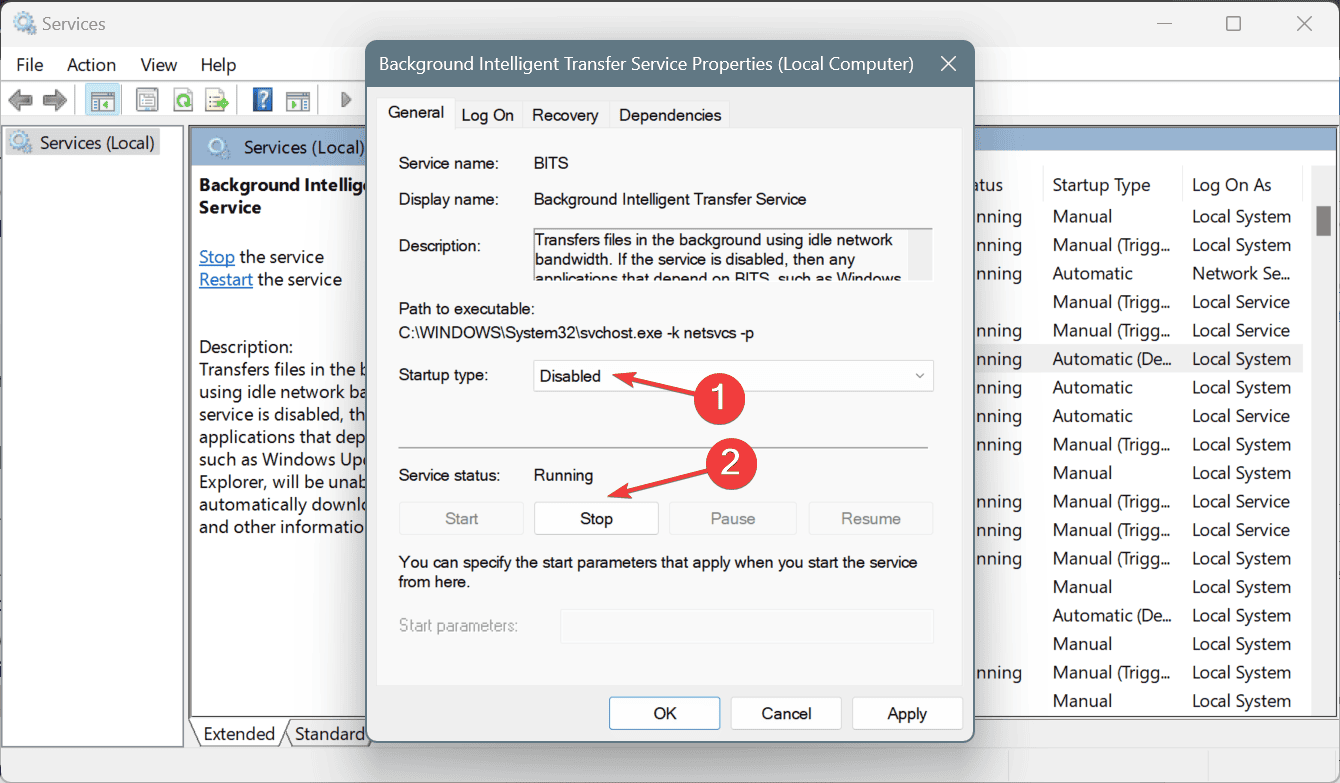 stop BITS to fix dism host servicing process