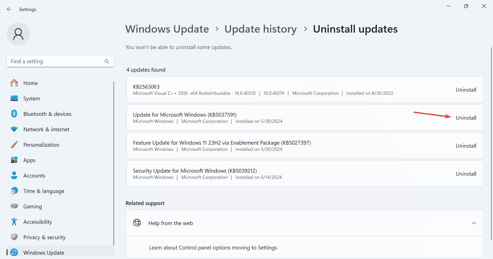 uninstall updates to fix CompPkgSup.dll