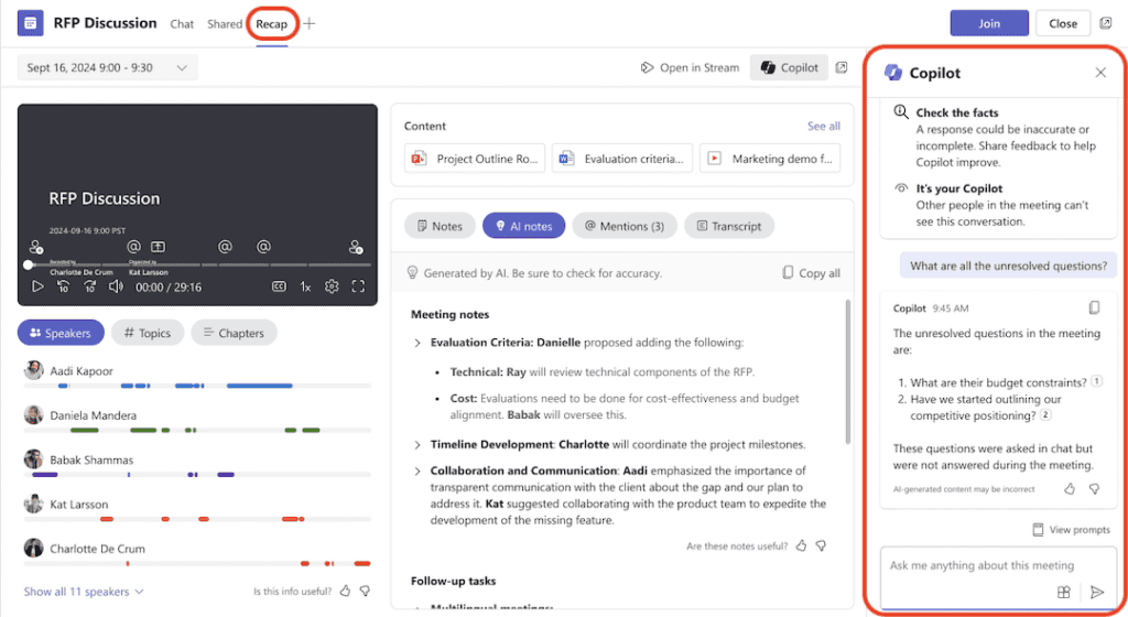 Recap tab, microsoft copilot meeting note