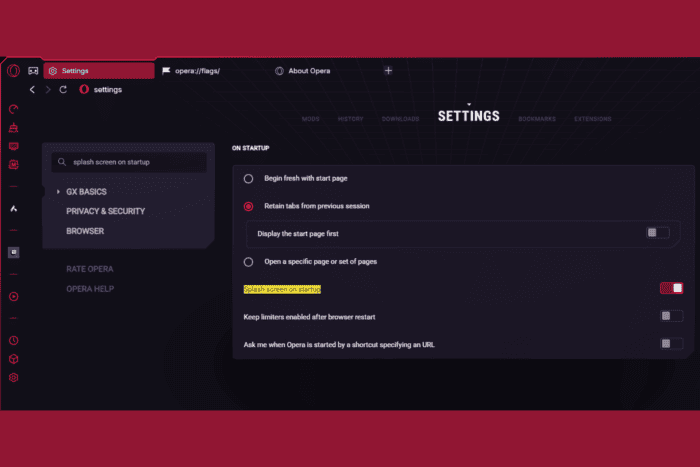 How to disable Opera GX splash screen