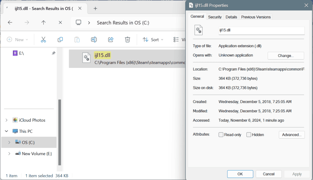 ijl15.dll in File Explorer