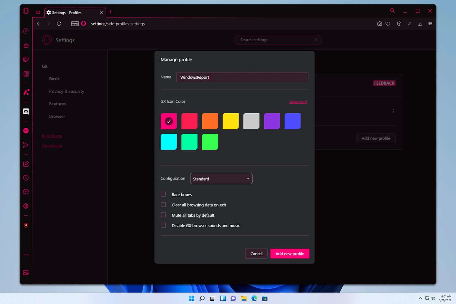 manage & create profiles in Opera GX