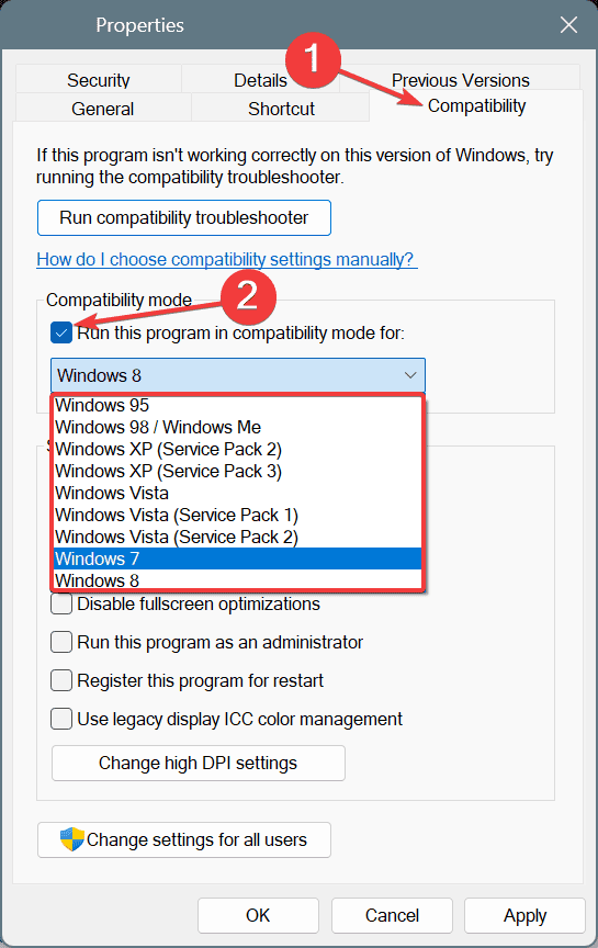 compatibility mode to fix RGSS301.dll 