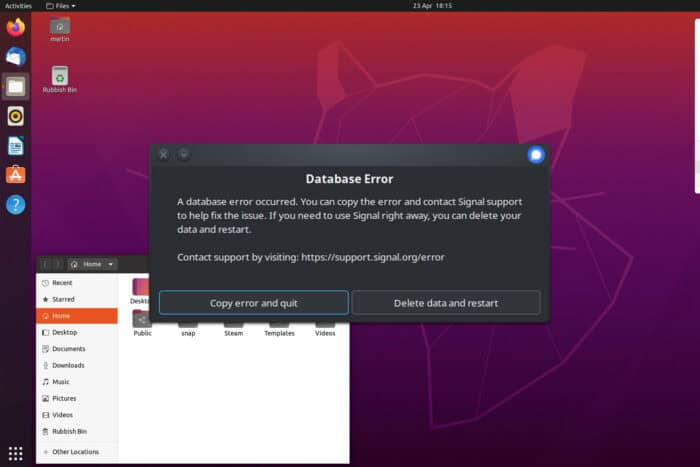 signal desktop database error