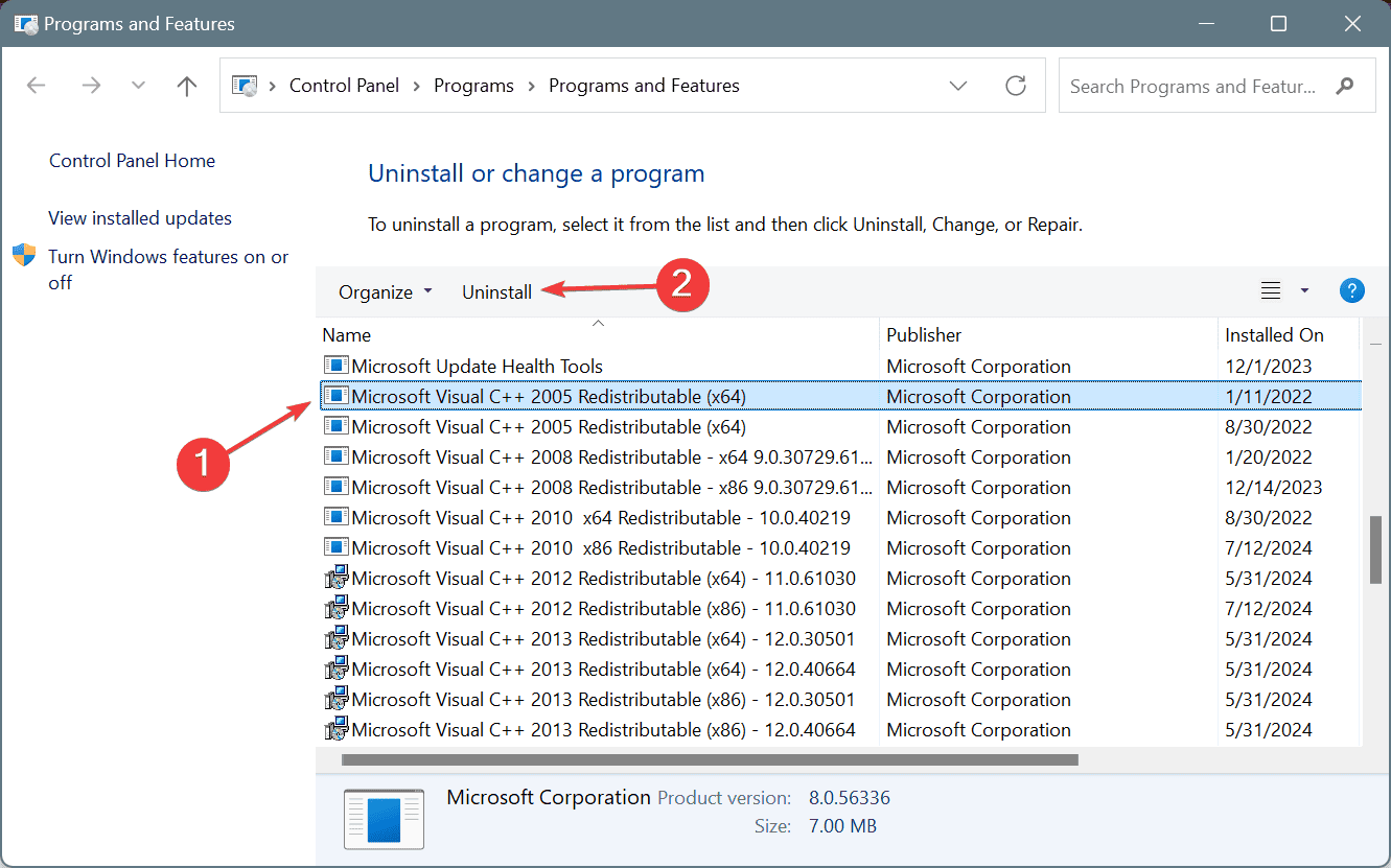 uninstall visual C++ Redistributable