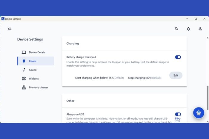 lenovo vantage battery charge threshold missing