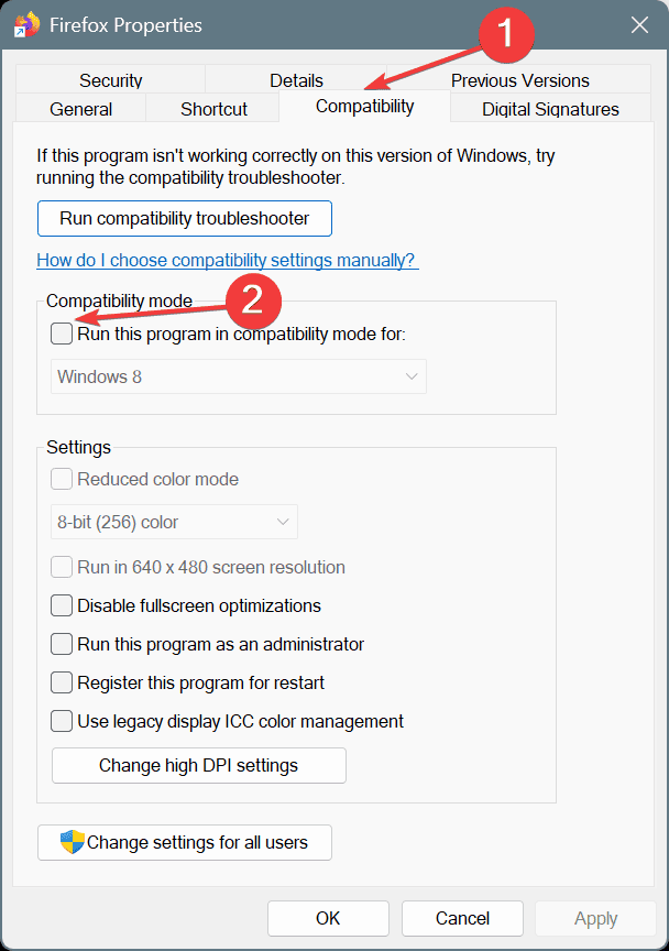 disable compatibility mode to fix Firefox crash EXCEPTION_ACCESS_VIOLATION_READ