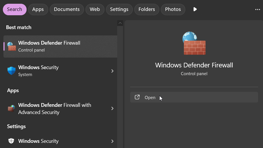 open windows defender firewall