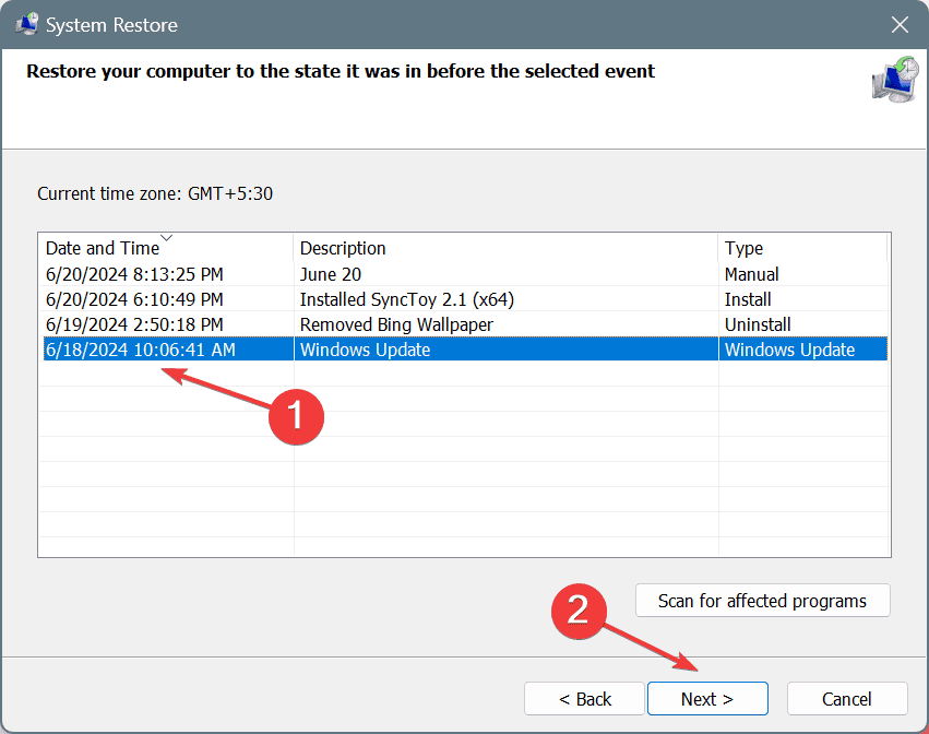 pick restore point