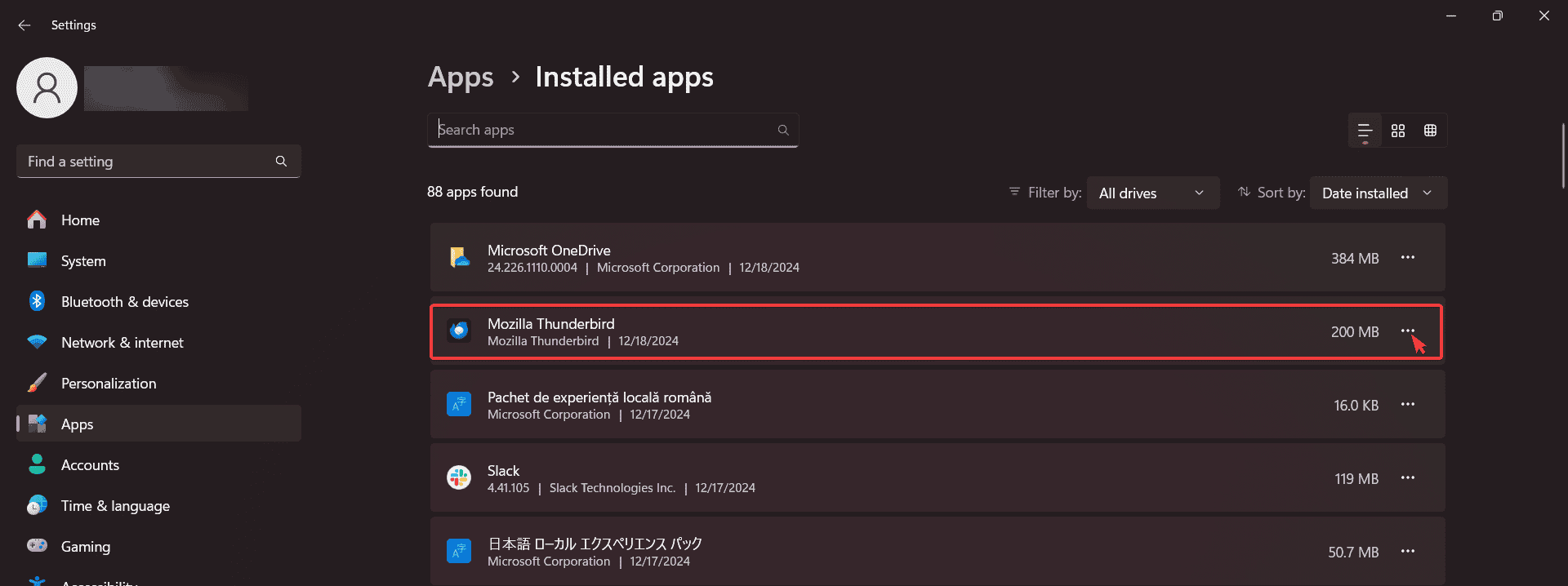 thunderbird installed apps options