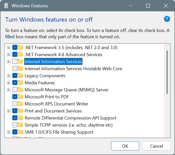 disable optional features in Windows