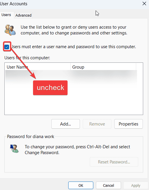 uncheck password box