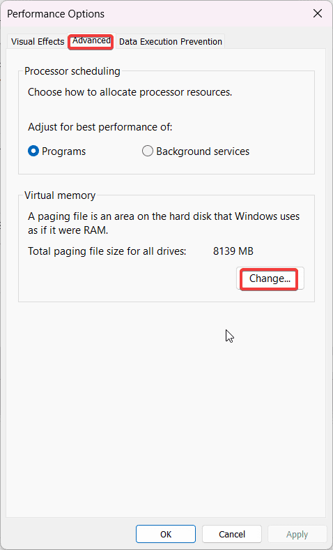 advanced settings performance virtual memory