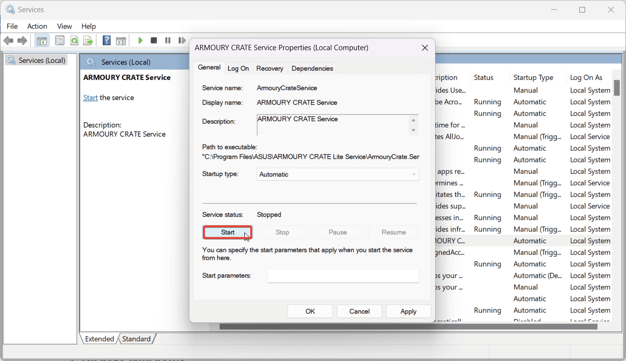 armoury crate start service