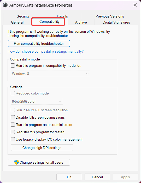 compatibility tab armoury crate installer